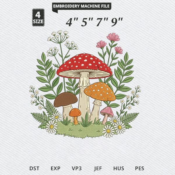 Mushroom Floral Embroidery Design, Wildflower Machine Embroidery File, Cottagecore Instant Download