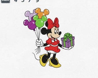 Minnie Mouse with Balloons Machine Embroidery Design, Disney Design, Digital File