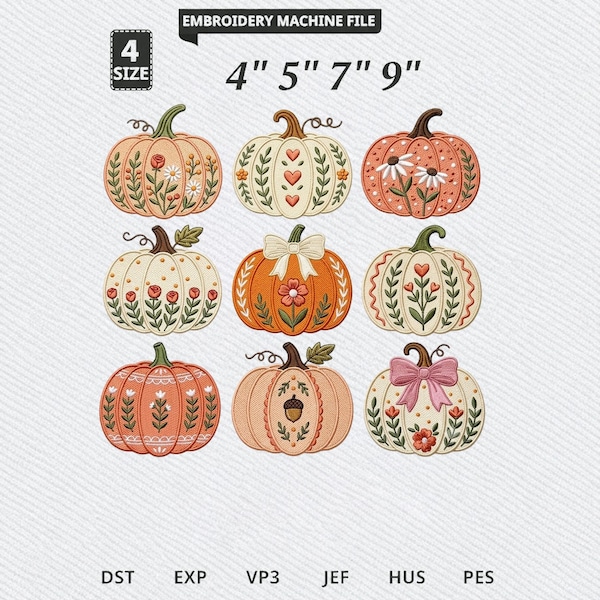 Bundle Halloween Pumpkin Embroidery Designs, Spooky Folk Art Floral Pumpkins, Spooky Autumn Harvest Machine Embroidery File