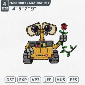Può includere: File per macchina da ricamo con un robot dei cartoni animati che tiene in mano una rosa rossa. Il robot è giallo e grigio con grandi occhi. Le dimensioni dei file sono 10 cm, 13 cm, 18 cm e 23 cm. Il testo "WALL-E" è visibile sul corpo del robot. Formati: DST, EXP, VP3, JEF, HUS, PES.