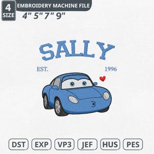 Könnte beinhalten: Eine Stickmaschinen-Datei mit einem blauen Cartoon-Auto mit dem Namen "SALLY" darüber und dem Jahr "1996". Die Datei ist in den Größen 10 cm, 13 cm, 18 cm und 23 cm verfügbar. Die Dateiformate umfassen DST, EXP, VP3, JEF, HUS und PES.