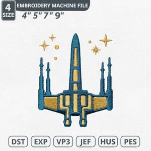 May include: An embroidery machine file featuring a blue and gold spaceship design with star accents. The design is available in sizes 4", 5", 7", and 9". The file formats include DST, EXP, VP3, JEF, HUS, and PES.
