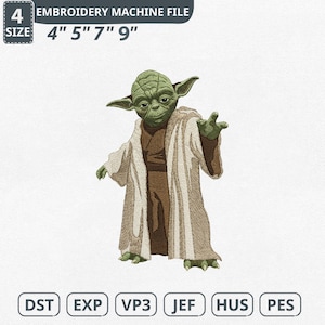 Könnte beinhalten: Eine Stickmaschinen-Datei mit der grünen Yoda-Figur mit braunem Gewand und cremefarbenem Oberteil. Die Datei ist in den Größen 10 cm, 13 cm, 18 cm und 23 cm verfügbar und enthält die Dateitypen DST, EXP, VP3, JEF, HUS und PES. Der Text "EMBROIDERY MACHINE FILE" steht oben.