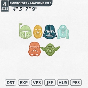 May include: An embroidery machine file featuring six character designs. The characters include a green helmet, a yellow face, a black helmet, a blue robot, an orange helmet, and a green face. The file sizes are 4", 5", 7", and 9".