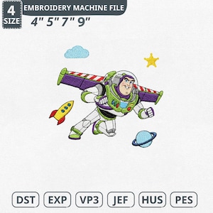 Puede incluir: Un archivo de máquina de bordar con un personaje de dibujos animados con traje espacial, con un cohete, un planeta, una estrella y una nube. Los tamaños de archivo son 10,16 cm, 12,7 cm, 17,78 cm y 22,86 cm. El texto "EMBROIDERY MACHINE FILE" está en la parte superior.