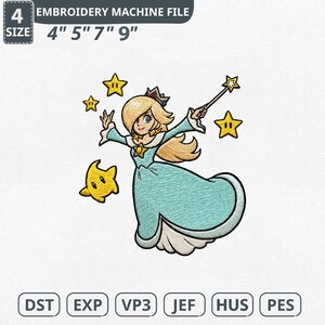 May include: An embroidery machine file featuring a cartoon character in a light blue dress, holding a wand and surrounded by yellow stars. The file sizes are 4", 5", 7", and 9". The text "EMBROIDERY MACHINE FILE" is at the top.