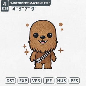 May include: An embroidery machine file featuring a cartoon character with brown fur, large black eyes, and a utility belt. The text "EMBROIDERY MACHINE FILE" and sizes 4", 5", 7", and 9" are displayed. File types include DST, EXP, VP3, JEF, HUS, and PES.
