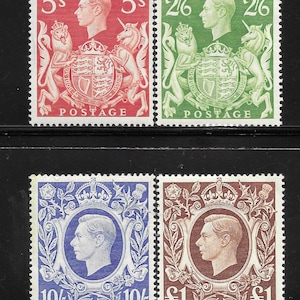 May include: A collection of vintage postage stamps featuring portraits of a man in profile, along with heraldic symbols. The stamps are in various colors, including red, green, blue, and brown, with denominations of 5s, 2/6, 10/, and £1.