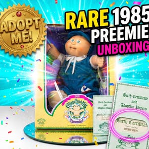 May include: A vintage Cabbage Patch Kids Preemie doll in its original box. The doll is wearing a blue outfit and hat. The box has the text "Rare 1985 Preemie! Unboxing!" and "Adopt Me!". Birth certificate included.