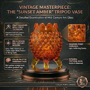 May include: A vintage amber-orange glass tripod vase with hobnail detailing. The mid-century modern vase has a rich amber body and yellow gradient legs. The text reads "Vintage Masterpiece: The 'Sunset Amber' Tripod Vase."