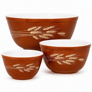 Vintage Pyrex Autumn Harvest Wheat Mixing Bowl Set 401 402 403 Nesting Bowl