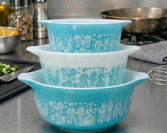 Pyrex Butterprint Turquoise Mixing Bowls — 473, 474‑B, 475‑B — Charming Kitchen Set