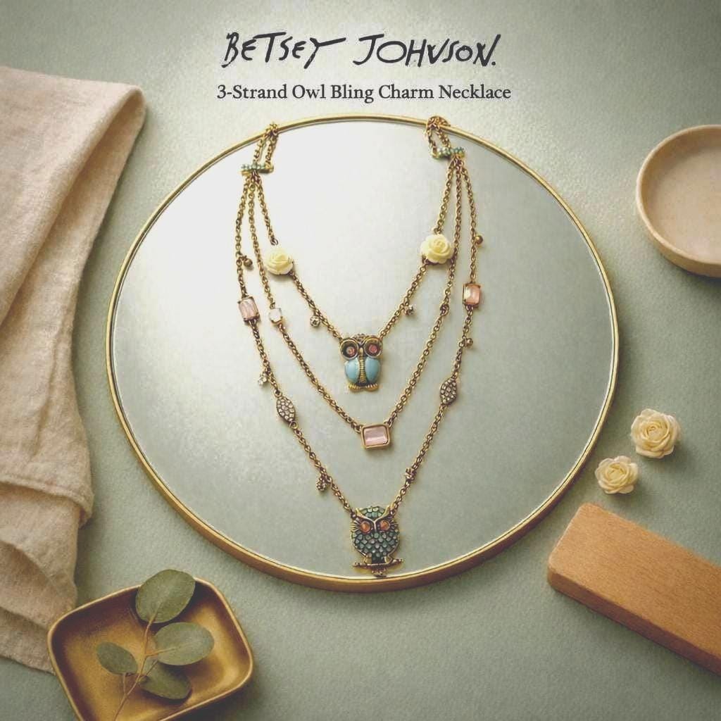 Betsey Johnson Vintage 3‑Strand Owl Charm Necklace, Signed, Hard to Find