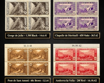 French Andorra Engraved Blocks — Gorge de Julia, Meritxell, Sant Antoni, Andorra‑la‑Vella — MNH