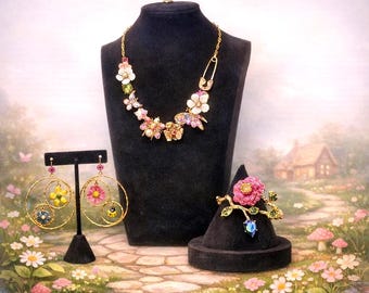 Betsey Johnson Floral Jewelry Set, Gold Tone, Enamel Blooms, Crystal Accents