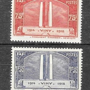1936 France Vimy Memorial Stamps — 75c Red & 1F50 Blue — WWI Commemorative Pair