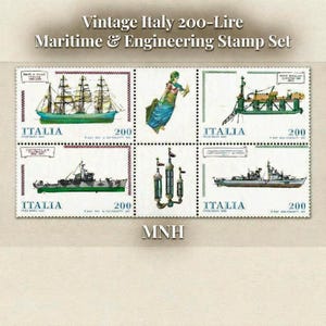 May include: A sheet of six vintage Italian 200-Lire postage stamps featuring maritime and engineering themes. The stamps display illustrations of various ships, a figure in a blue garment, and technical equipment, all labelled with Italia and 200.