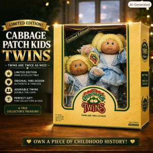 May include: A Cabbage Patch Kids Twins doll set in a yellow cardboard display box. The two dolls feature blonde yarn hair, blue eyes, and light blue outfits with white lace trim. The box displays the text Cabbage Patch Kids Twins and 1985.