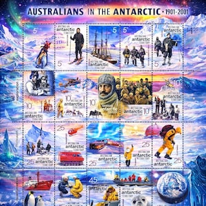 May include: A sheet of postage stamps titled "AUSTRALIANS IN THE ANTARCTIC 1901-2001." The stamps depict various scenes of exploration, including ships, aircraft, and people in the Antarctic landscape. The stamps are in various denominations.