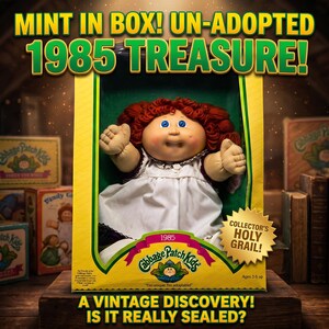 May include: A vintage Cabbage Patch Kids doll from 1985, still in its original box. The doll has red curly hair, blue eyes, and is wearing a white dress. The box is yellow and green with the words "MINT IN BOX! UN-ADOPTED 1985 TREASURE!" printed on it.