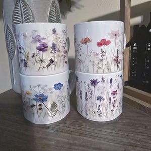 Wildflower Stacking Mugs, Floral Ceramic Coffee Cups, Set of 4