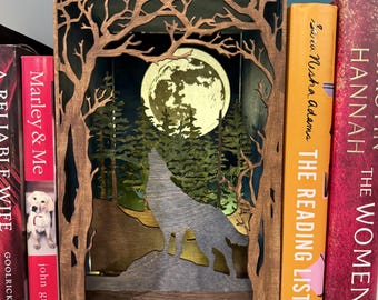Wolf and Moon Wood Book Nook-FULLY ASSEMBLED