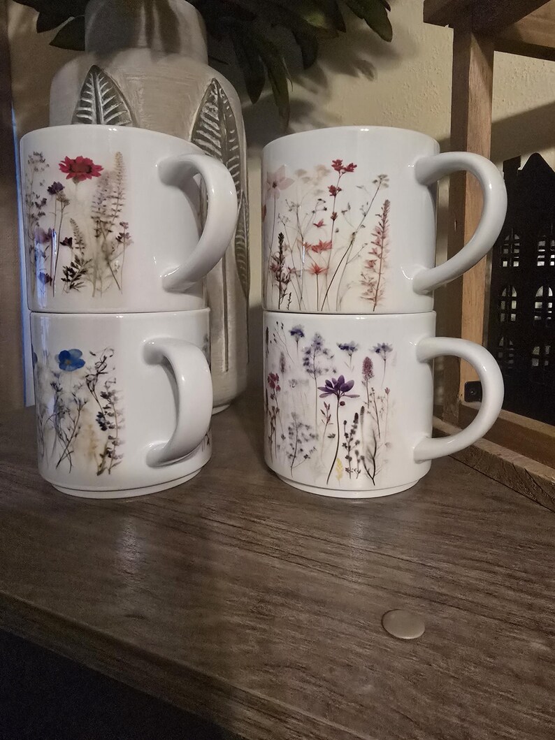 Wildflower Stacking Mugs, Floral Ceramic Coffee Cups, Set of 4 - Etsy