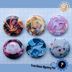 May include: Six round pinback buttons with colorful cartoon character designs. The pins feature various characters in shades of red, yellow, pink, blue, and white. The text "Free Bonus Mystery Pin!" is at the bottom, with a question mark.