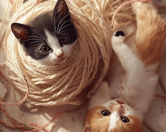 Kittens met garenkunstprint | Grappig kinderkamerdecor (digitale download)