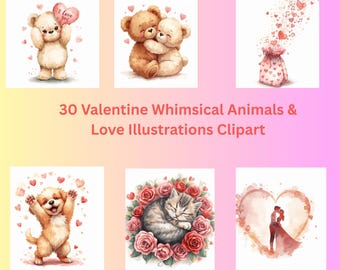 Valentijn grillige dieren en liefde illustraties30 png-bestanden ClipArt | 300 dpi | Digitale download