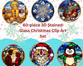 60 clipartbundel kerstgebrandschilderd glas \ ronde ornamenten, png-set | Digitale download
