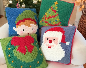 Handmade Crochet Christmas Pillow–Festive Holiday Decor (Santa, Elf, Tree & Wreath)