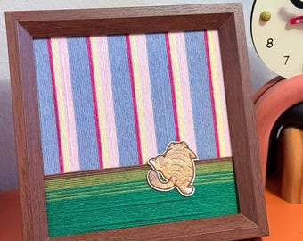Handmade Yarn Art, Embroidered Cat, Fiber Wall Decor