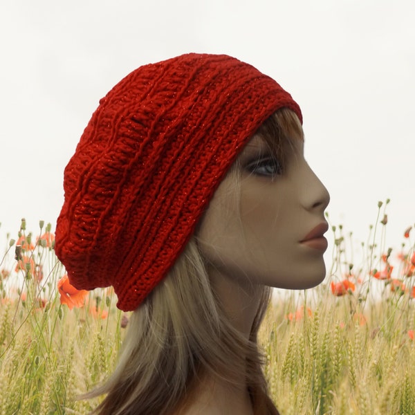 Women Crochet Hat, Handmade Hats, Red Beret Beanie, Women's Slouchy, Acrylic Knit Cap, Australian made