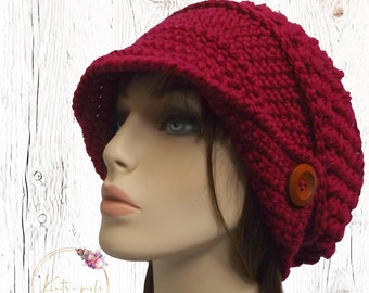 Cranberry Slouchy Beanie, Crochet Newsboy Brim Hat, Merino Wool Australian-made, Winter Fashion