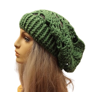 Green Merino Wool Beanie: Crochet Slouchy Knit Hat, Handmade in Australia
