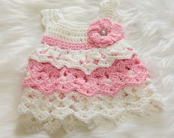 Crochet Baby Girl Dress, Pink Newborn Dress, Infant Baptism Outfit, Special Occasion Toddler Clothes