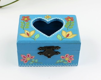 Blue Folk Art Floral Wooden Box Jewelry Box Blue Heart Box Folk Art Flowers Herb Box Memory Box Hand Painted Wedding Ring Wooden Box