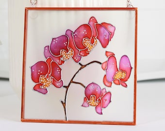 Atrapasueños de vidrio con orquídeas rosadas Vidrieras Arte de pared Lámina de cobre Enmarcado Imagen de vidrio pintado a mano Panel colgante de pared Decoración de pared