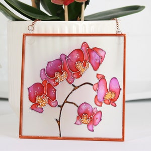Glass Suncatcher with Pink Orchids Stained Glass Wall Art Copper Foil Framed Glass Picture Hand Painted Glass Wall Hanging Panel Wall Decor
