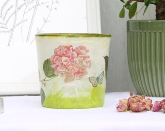 Portavelas verde y rosa de seda de paja con mariposas, portavelas de té decorado a mano, tazón de velas verde y rosa listo para enviar