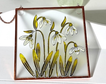 Schneeglöckchen Glas Suncatcher, Handgemalte Blumenwandkunst