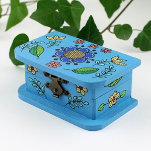 Blue Wooden Box with Folk Art Flowers, Hand Painted Wooden Box with Decorative Folk Art Floral Designs, Small Keepsake Box, Jewelry Box (F)
