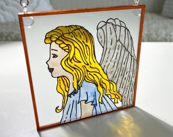 Hand Painted Angel Glass Suncatcher Angel Glass Wall Art Copper Foil Framed Glass Picture Angel Glass Wall Hanging Panel Ready to Ship