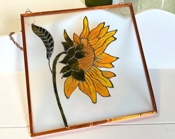 Girasol vidrio Suncatcher pintado a mano pared de vidrio colgante con diseño de girasol vidrieras pared arte cobre lámina enmarcada imagen de vidrio