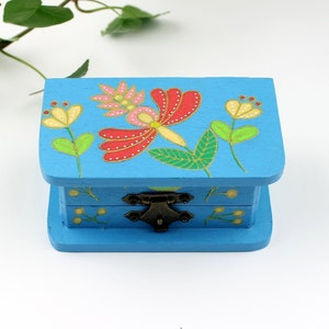 Blue Wooden Box with Folk Art Flowers, Hand Painted Wooden Box with Decorative Folk Art Floral Designs, Small Keepsake Box, Jewelry Box (E)