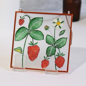 View of Strawberries Suncatcher Stained Glass Wall Art Copper Foil Framed Glass ...