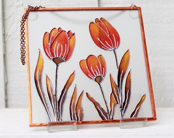 Tulipanes vidrio Suncatcher pintado a mano pared de vidrio colgante con tulipanes naranjas diseño vidrieras pared arte cobre lámina enmarcada imagen de vidrio