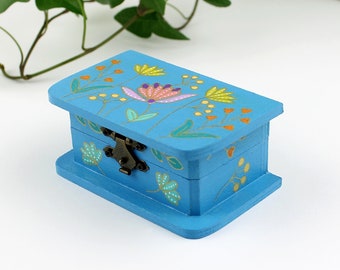 Blue Folk Art Floral Wooden Box Jewelry Box Romantic Box Folk Art Flowers Herb Box Memory Box Wedding Ring Wooden Box with Flowers