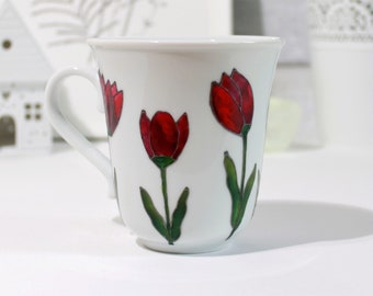 Taza de porcelana pintada a mano Tulipanes rosas Diseño Taza de café de porcelana Taza de té Taza de porcelana pintada Taza botánica Taza de té de tulipanes púrpuras rosas